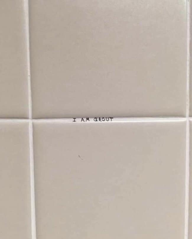 A very simple but extremely clever and funny pun that has been written on the grout line between two bathroom tiles that says, "I AM GROUT."