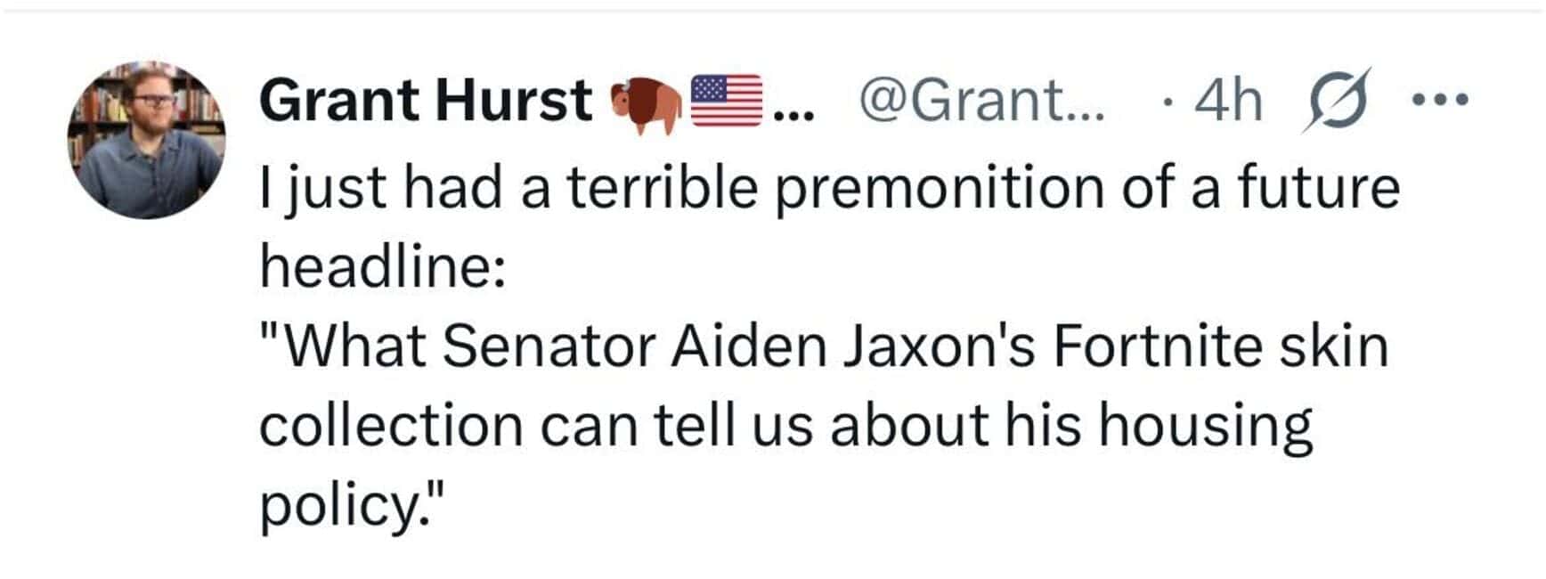 A brand new sentences tweet predicting a future headline about a senator's Fortnite skin collection.