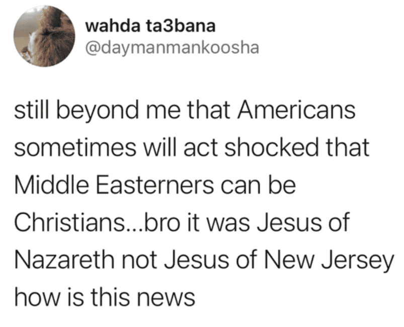 A brand new sentences tweet pointing out that it was "Jesus of Nazareth, not Jesus of New Jersey."