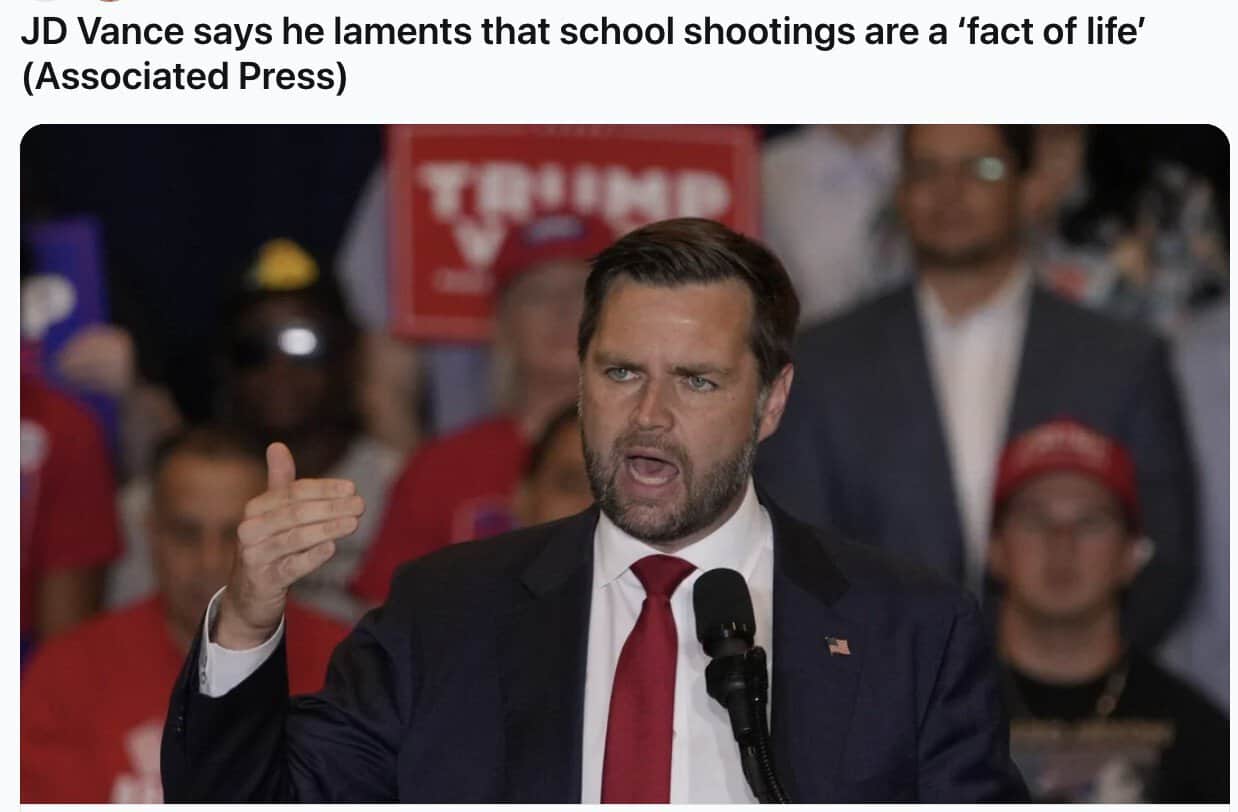 A news headline quoting politician JD Vance accepting that school shootings are just a "fact of life" in America.