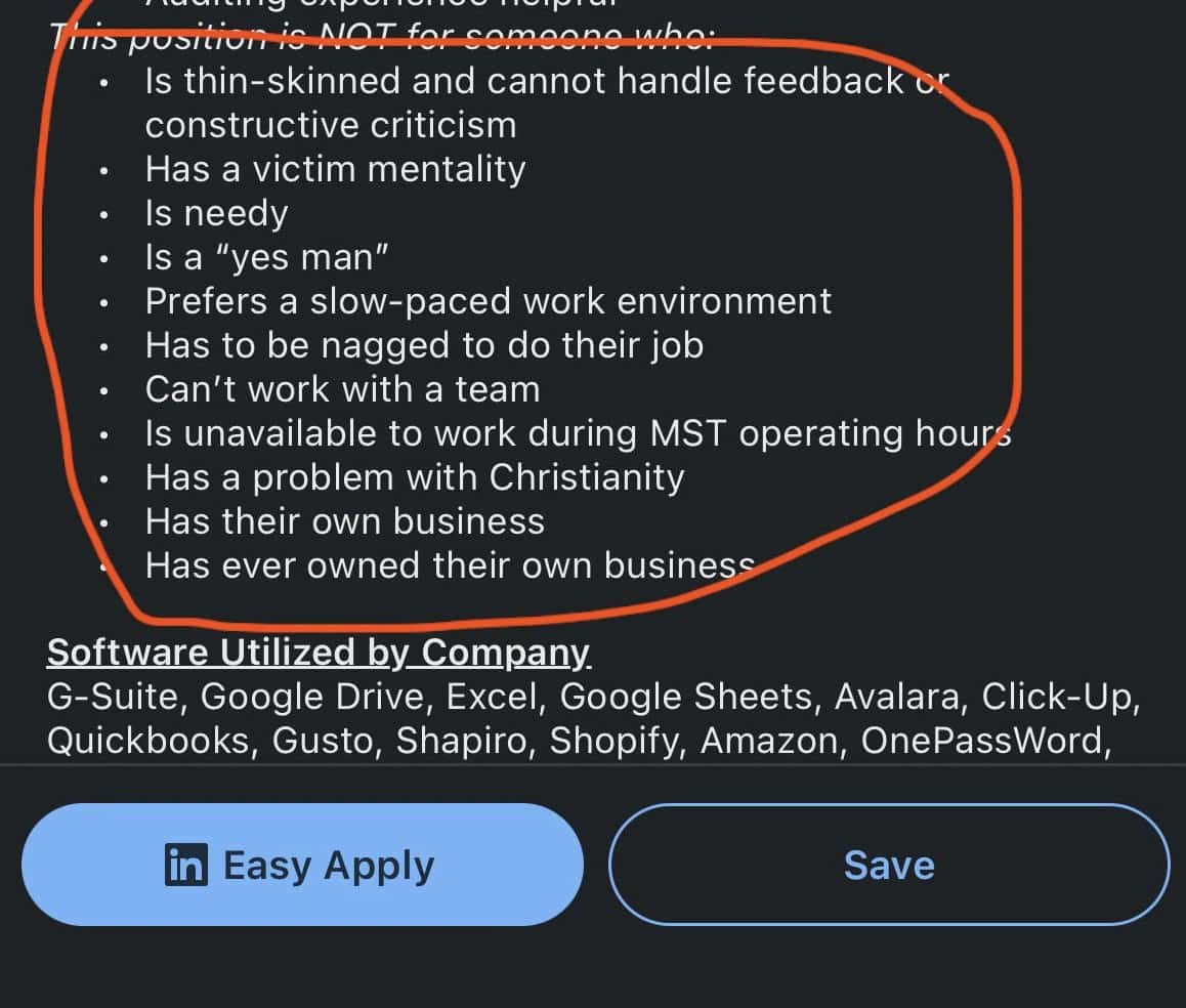 A terrible and unprofessional job posting with a long list of red flags, including potential religious discrimination against applicants.
