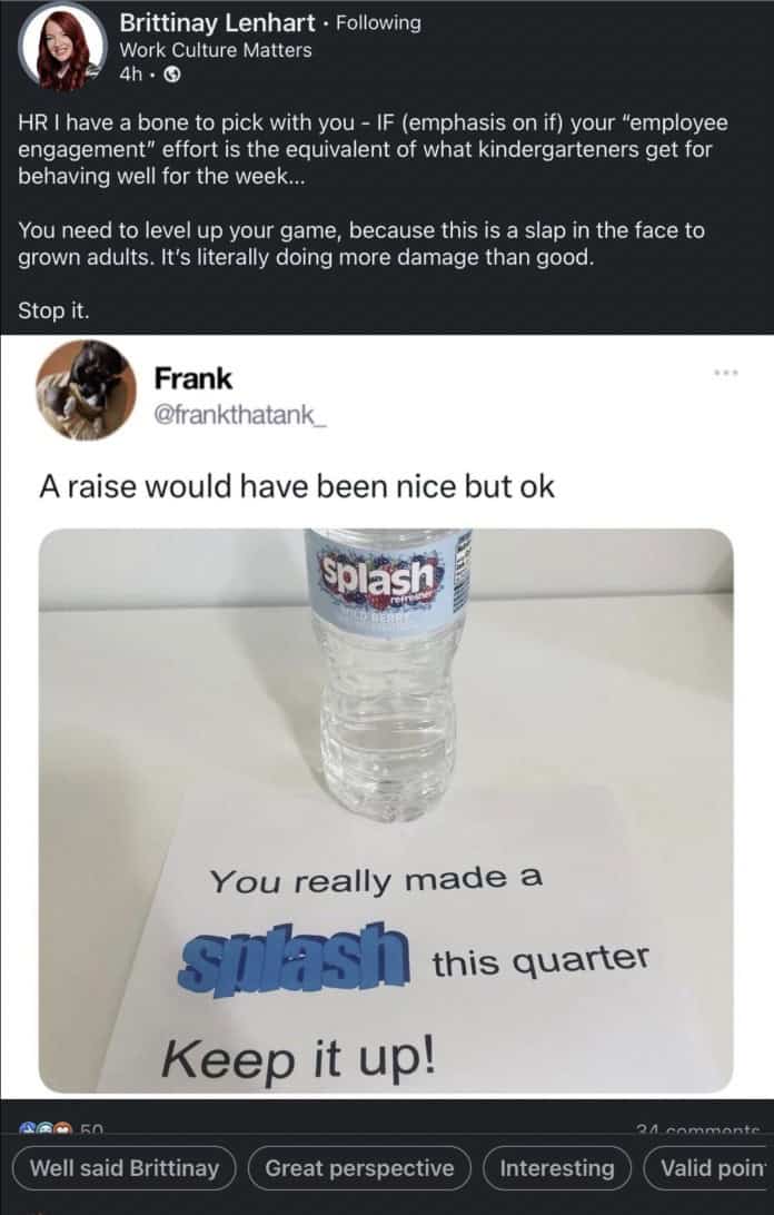 An example of a terrible employee engagement reward: a single bottle of water with a cheap pun on it.