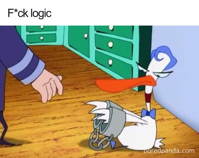 A duck in shackles that could easily be removed, a classic example of cartoon logic.