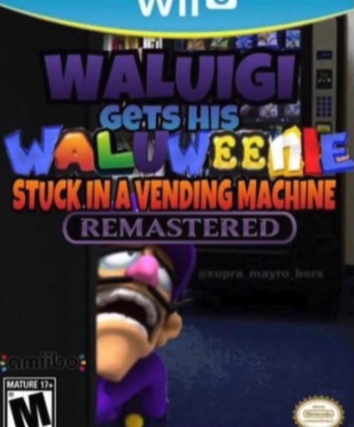 A classic meme of a fake Nintendo game where Waluigi gets stuck in a vending machine.