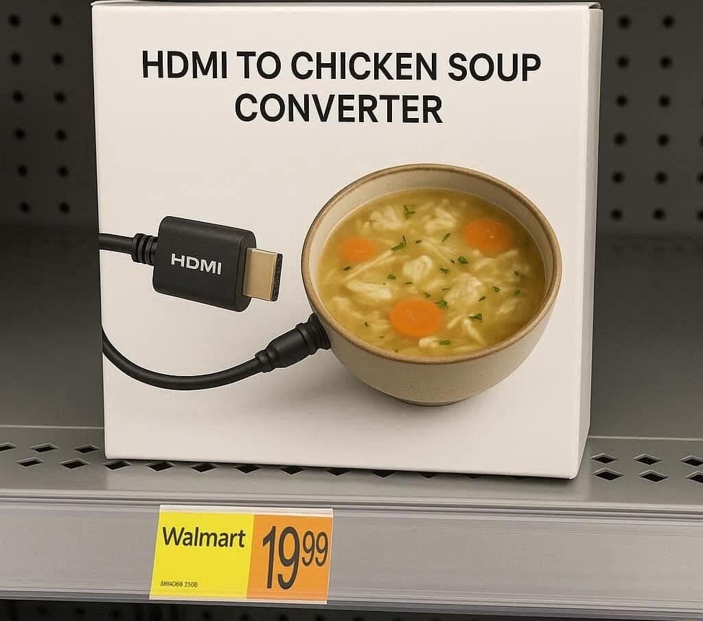 A classic meme of a fake product box for an "HDMI to Chicken Soup Converter."
