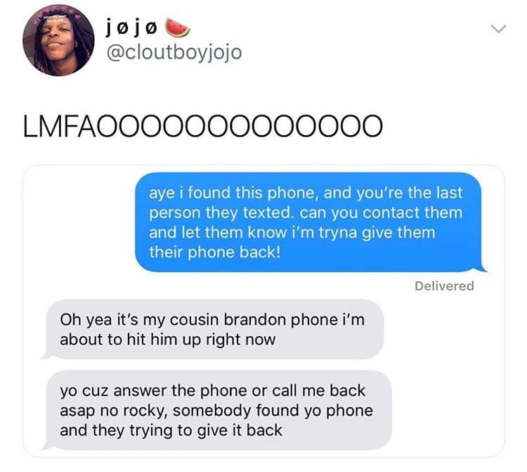 A classic meme showing a wholesome text exchange where someone tries to return a found phone.