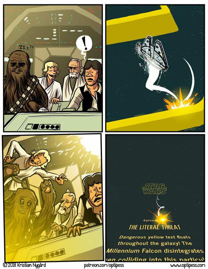 A hilarious Star Wars parody comic where the famous and iconic opening text crawl is revealed to be a literal, physical object that crashes into and destroys the Millennium Falcon.