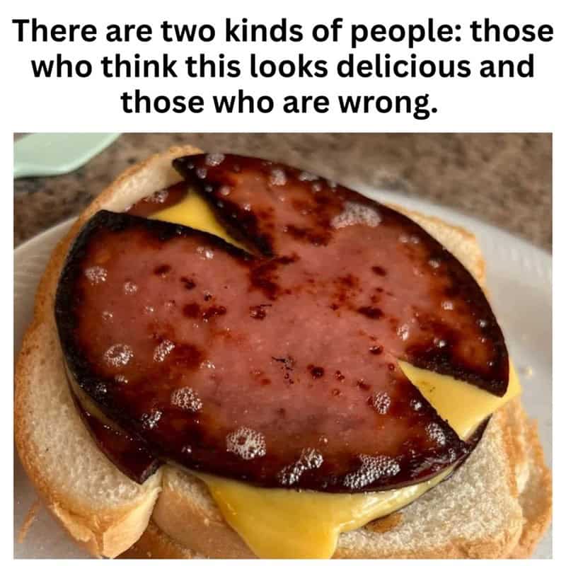 A funny cooking meme defending the simple but delicious fried bologna sandwich as a classic and beloved meal.