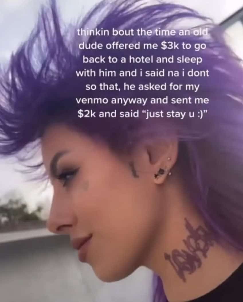 A cringe meme showing a woman with a story about being paid to "just stay u."