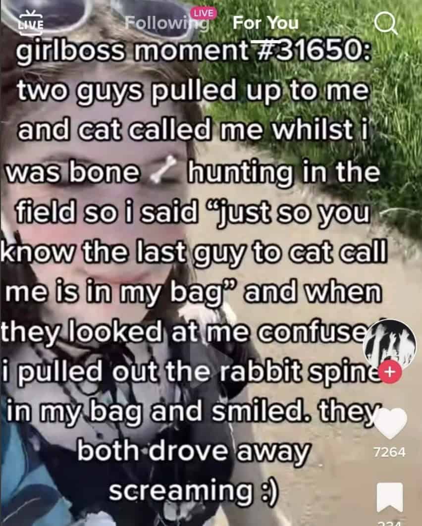 A cringe meme about a "girlboss moment" involving a rabbit spine to scare off men.