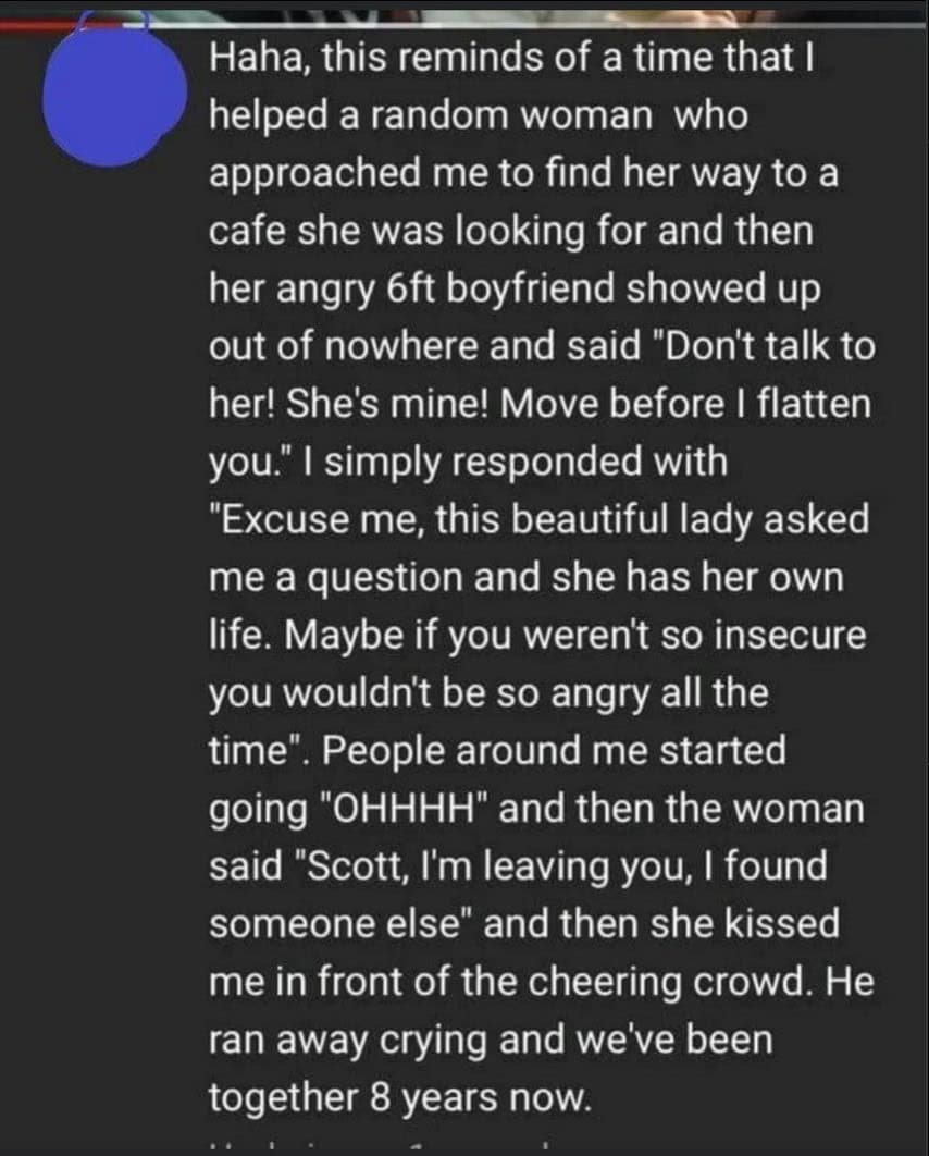 A cringe meme detailing an unbelievable story about winning a girlfriend from her angry boyfriend.