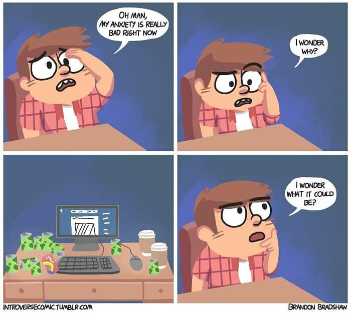 A dark humor comic about a man with anxiety surrounded by caffeine and computer screens.
