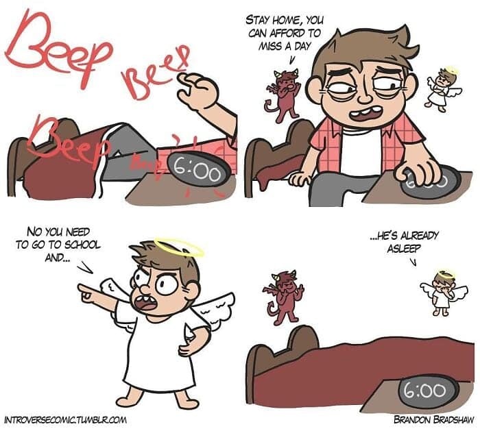 A dark humor comic where a person falls asleep before their shoulder angel and devil can argue.