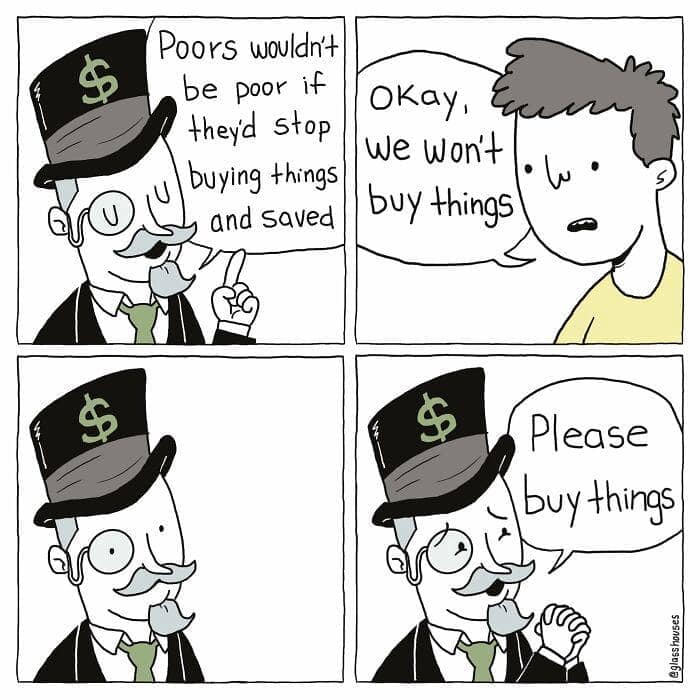 A dark humor comic using the Monopoly Man to satirize the contradictions of capitalism.