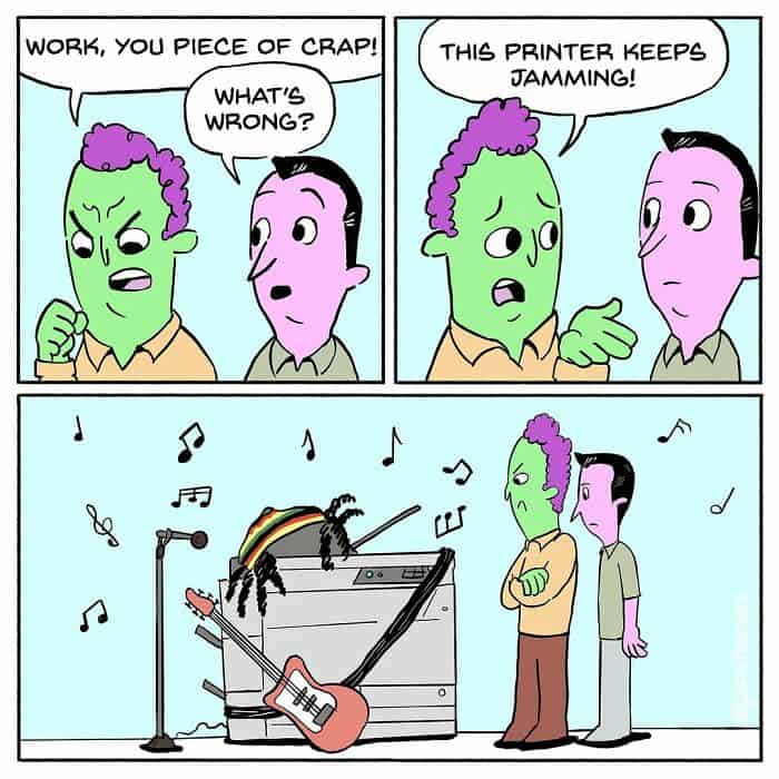 A dark humor comic with a pun about a printer "jamming" with a reggae band on top of it.