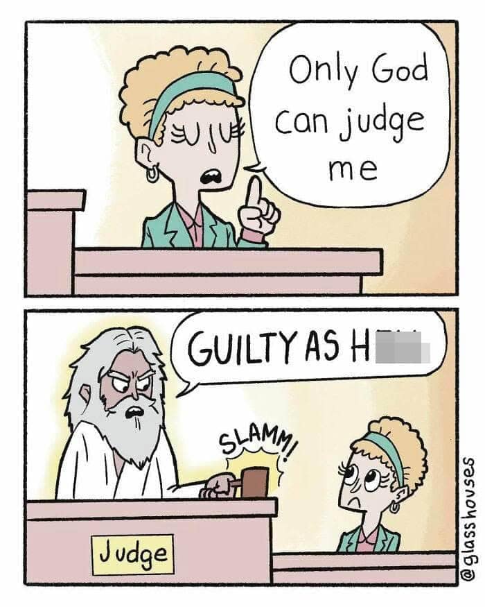 A dark humor comic where God himself appears in court to judge a woman and finds her guilty.