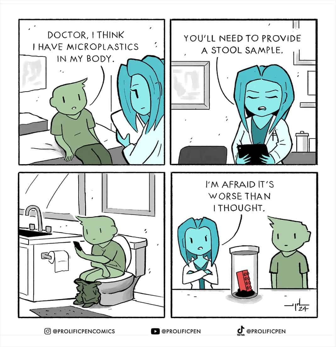 A dark humor comic about a man who thinks he has microplastics but is diagnosed with having swallowed Lego instead.