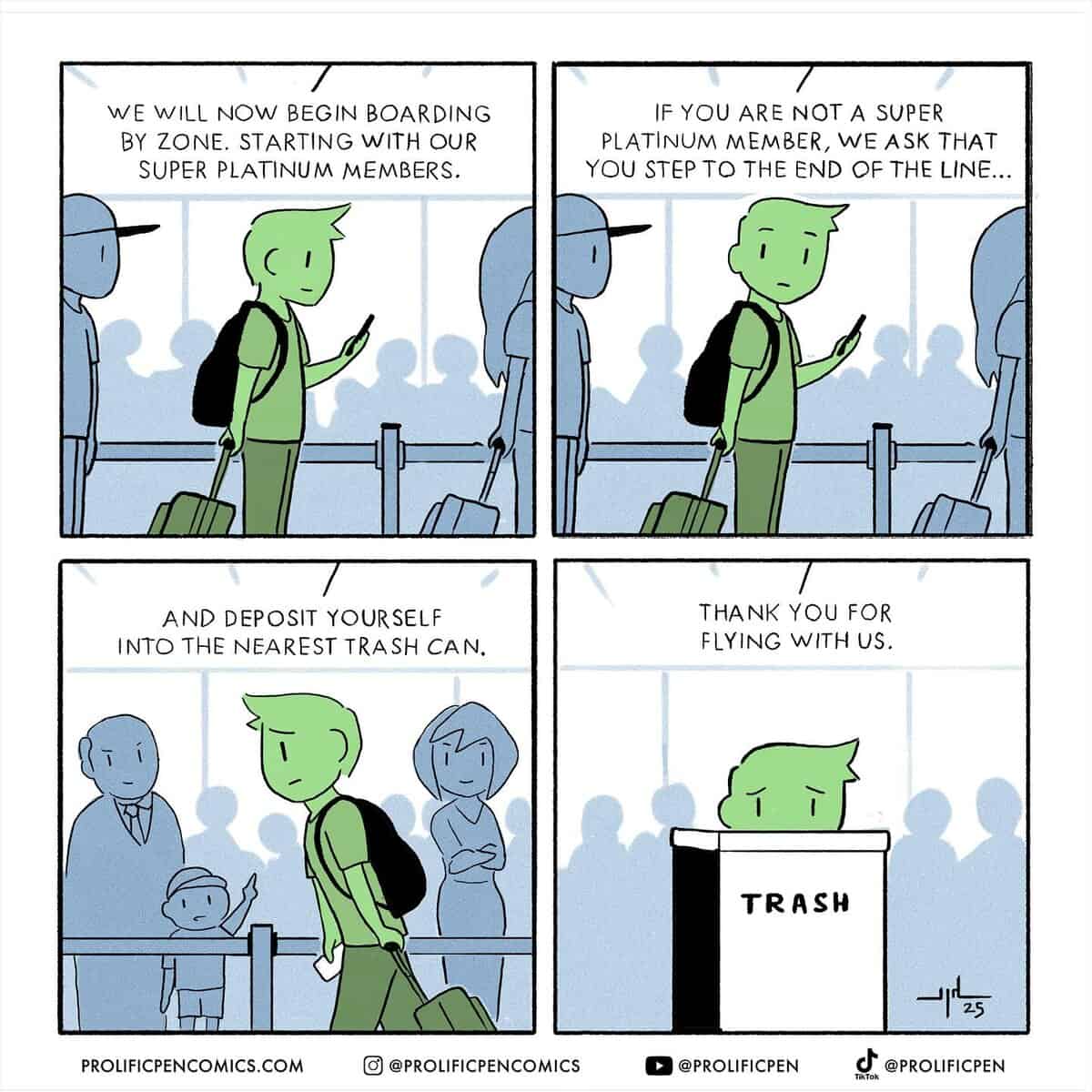 A satirical Yanni Davros comic that takes the airline boarding process to its dark, literal conclusion for non-priority members.