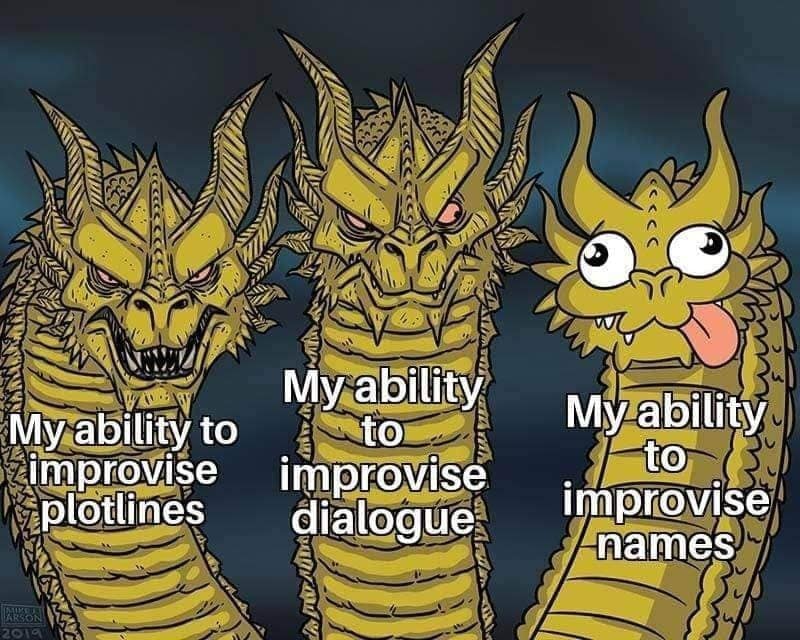 The King Ghidorah three-headed dragon D&D meme showing a DM's varying ability to improvise plot, dialogue, and names