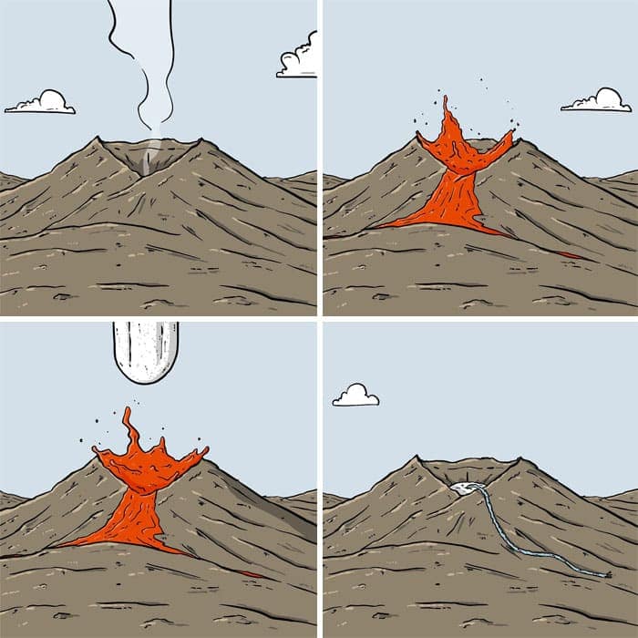 A surreal and strange, wordless comic in which a giant, god-like finger comes down from the sky and plugs an erupting volcano, causing the lava to drain out of the side.