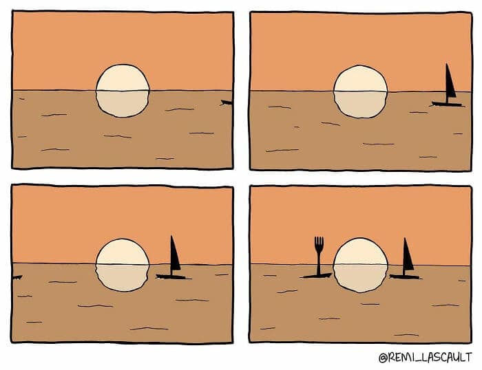 A silent and surreal four-panel comic of a beautiful sunset over the ocean, where a shark fin and a sailboat are then followed by a giant, inexplicable fork that rises out of the water.
