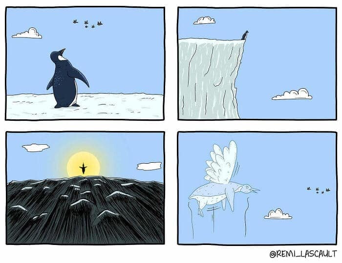 A beautiful and surreal four-panel comic of a lonely penguin who decides to take a leap of faith, jump off a cliff, and then suddenly grows wings and soars through the air.