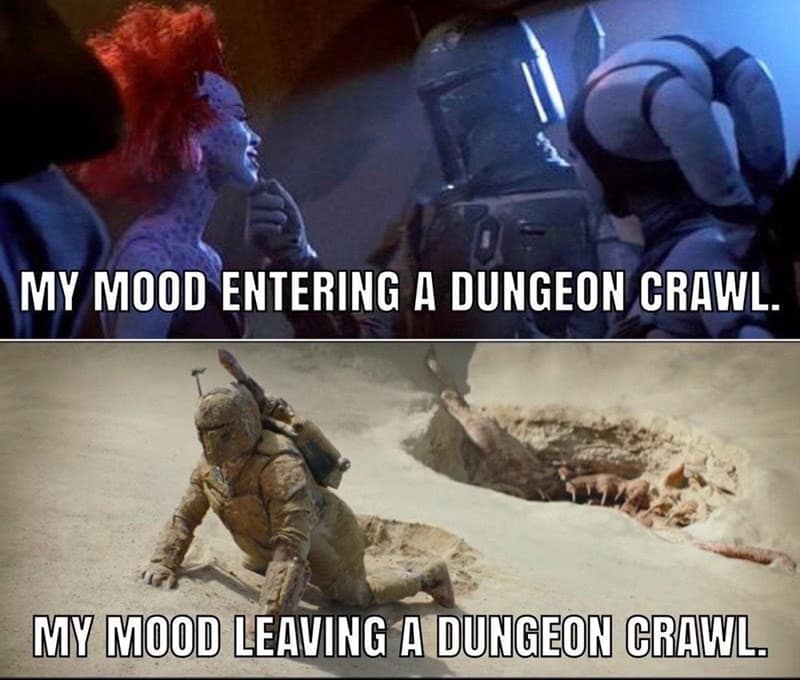 A Dnd meme using Boba Fett to show the mood entering versus leaving a long and difficult dungeon crawl.
