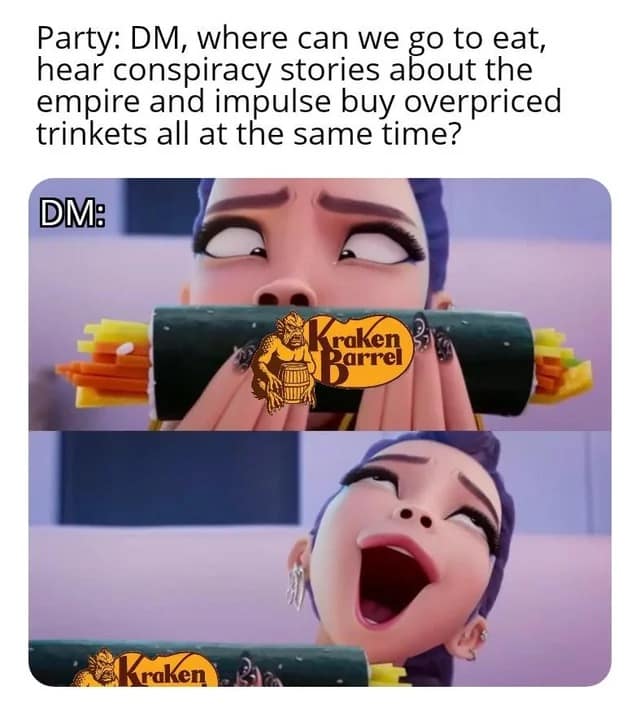 Animated character blissfully eating; overlay logo “Kraken Barrel”; text asks where to eat, hear conspiracies, and buy trinkets.
