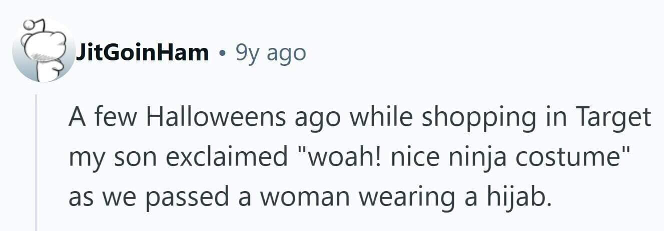 post where a child says “nice ninja costume” to a woman in a hijab while Halloween shopping at Target.