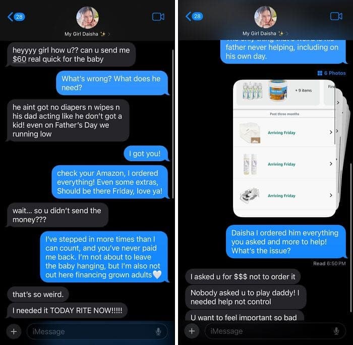A text conversation where a mom gets angry at her friend for buying her essential baby supplies from Amazon instead of sending her cash.
