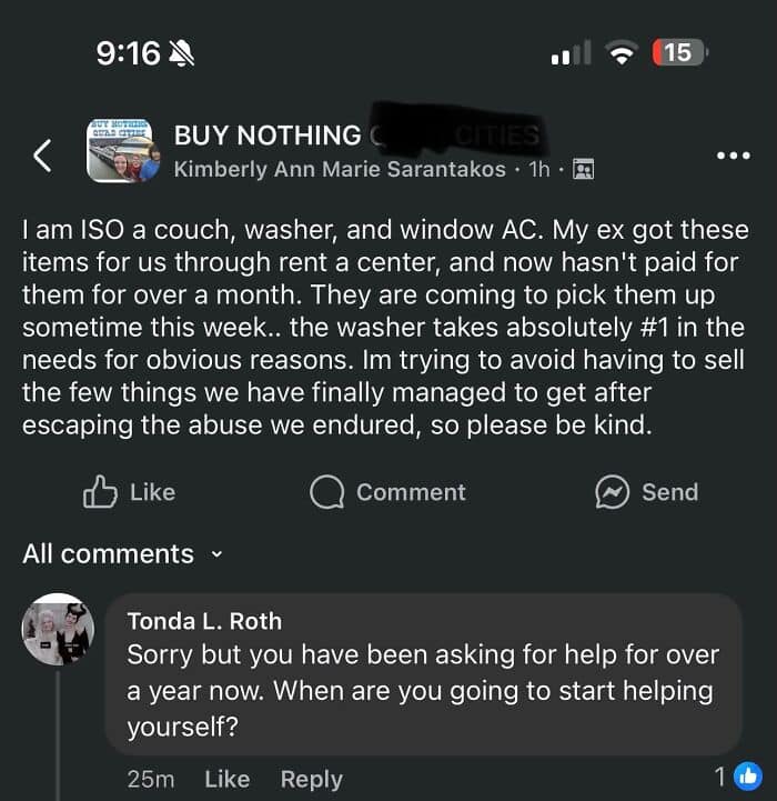 A screenshot of a woman in a "Buy Nothing" group who is being called out by a commenter for asking for handouts for over a year.