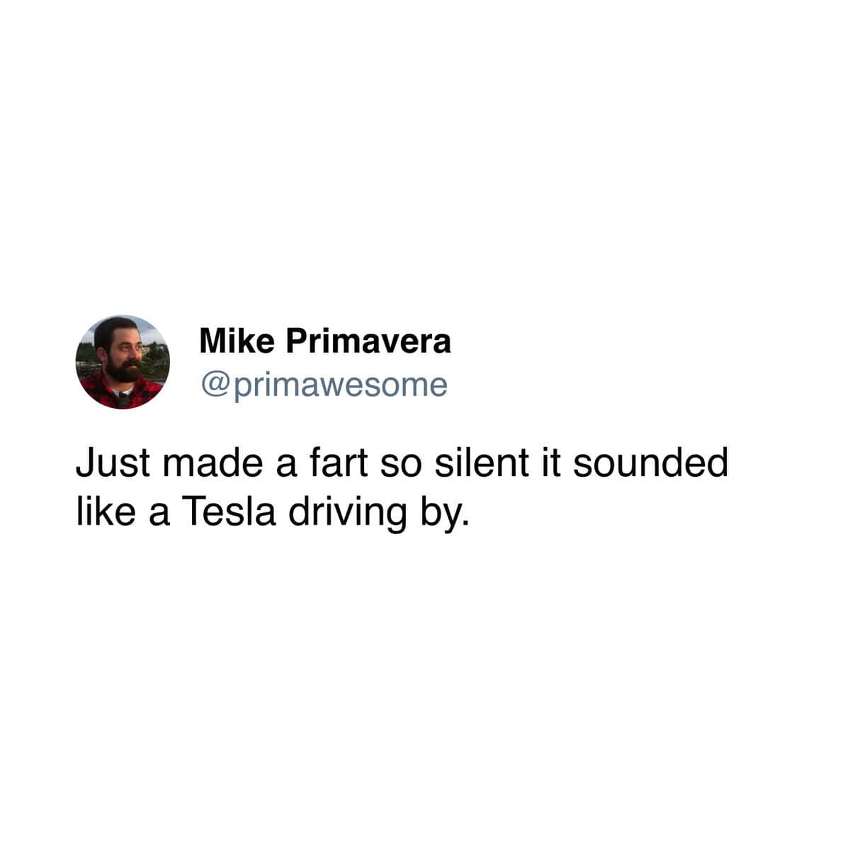 A clever fart joke comparing the sound of a completely silent fart to an electric Tesla car driving by.