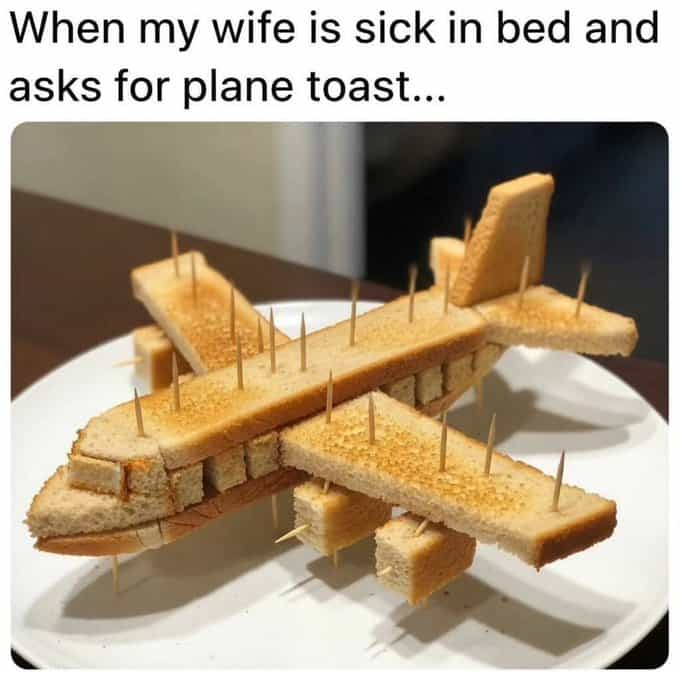 A food meme of a husband taking a request for "plane toast" literally and building a toast airplane.
