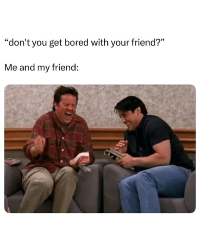 A wholesome meme that answers the question "don't you get bored with your friend?" by using a picture of Chandler and Joey from the TV show Friends laughing hysterically.