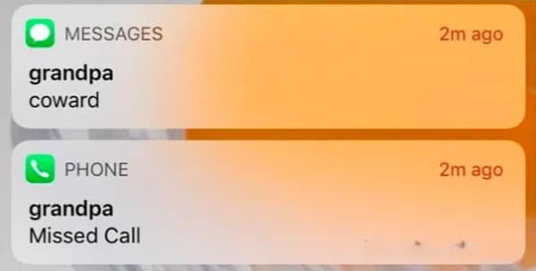 A hilarious screenshot of a missed call from "grandpa" which is immediately followed by a text message from him that just says the word "coward."