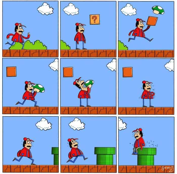 Mario-like character hits a question block, grabs a green mushroom, eats it, then can’t fit down a pipe after gaining weight.
