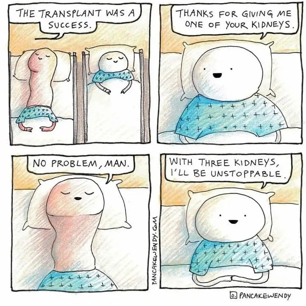 Hospital room; transplant succeeds. Recipient thanks donor; donor smugly thinks, “With three kidneys I’ll be unstoppable.”