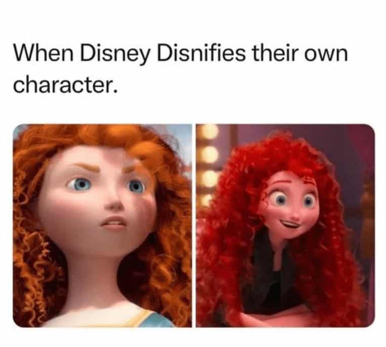 A funny Disney meme comparing Merida in "Brave" to her "Disnified" version in another movie.