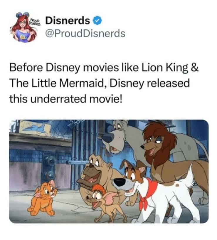 A funny Disney meme tweet celebrating the underrated 80s Disney movie "Oliver & Company."