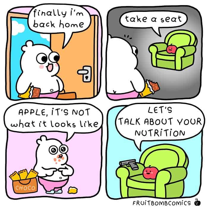 A funny food comic where a bear is caught cheating on its diet by an angry apple with a gun.