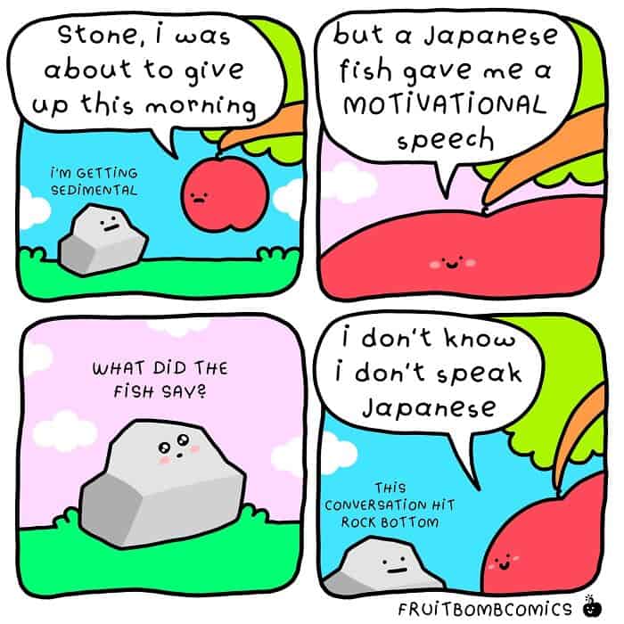 A funny food comic where a conversation between an apple and a rock "hits rock bottom."