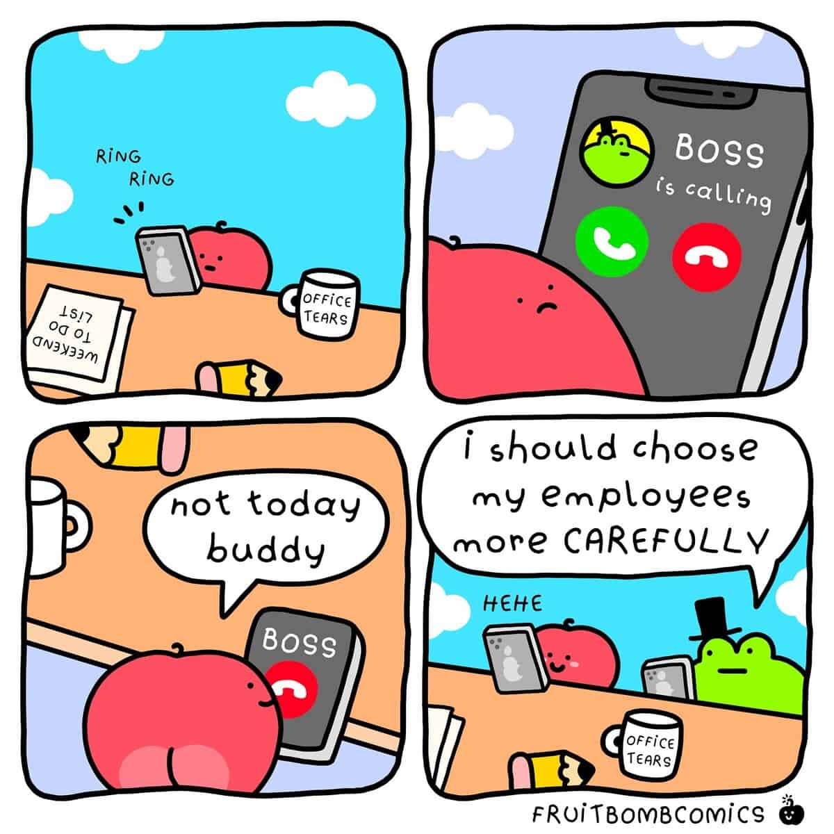 A funny food comic where an apple with a butt cheek ignores a phone call from its frog boss.