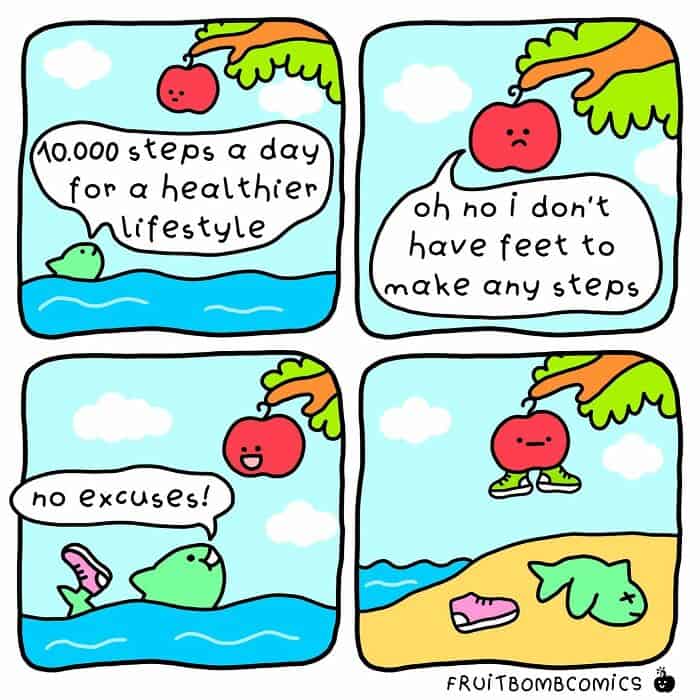 A funny food comic where an apple finds a way to get 10,000 steps in a day.