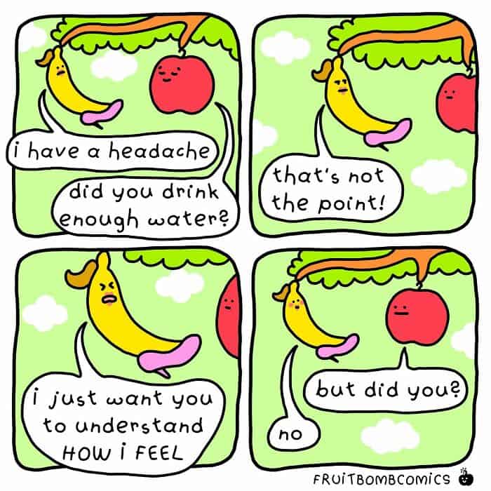 A funny food comic where a banana wants sympathy but an apple offers unhelpful advice.