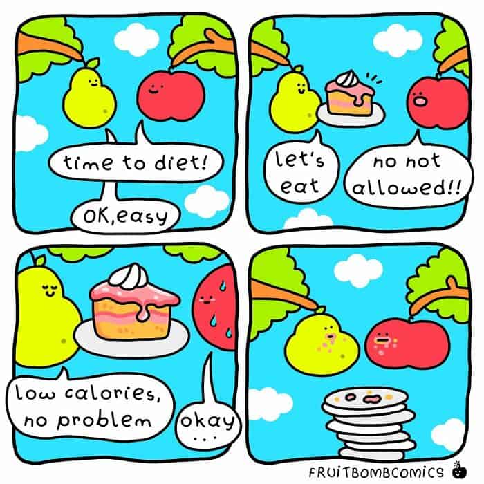 A funny food comic showing the reality of dieting where fruits eat a cake together.