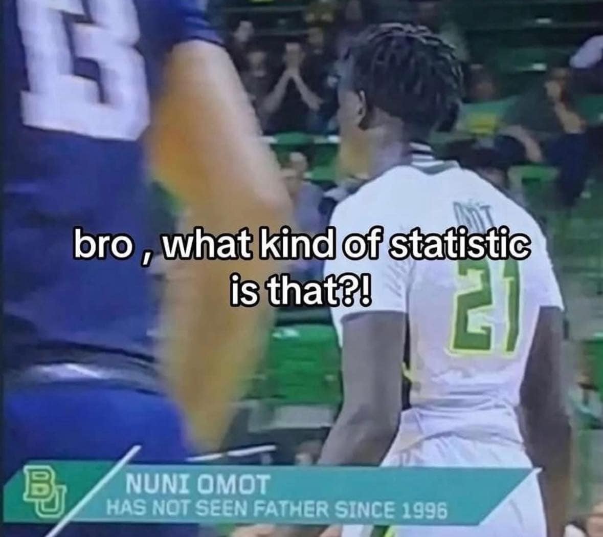 A shocking and hilarious screenshot from a college basketball broadcast that includes the bizarrely personal on-screen statistic that a player hasn't seen his father since 1996.