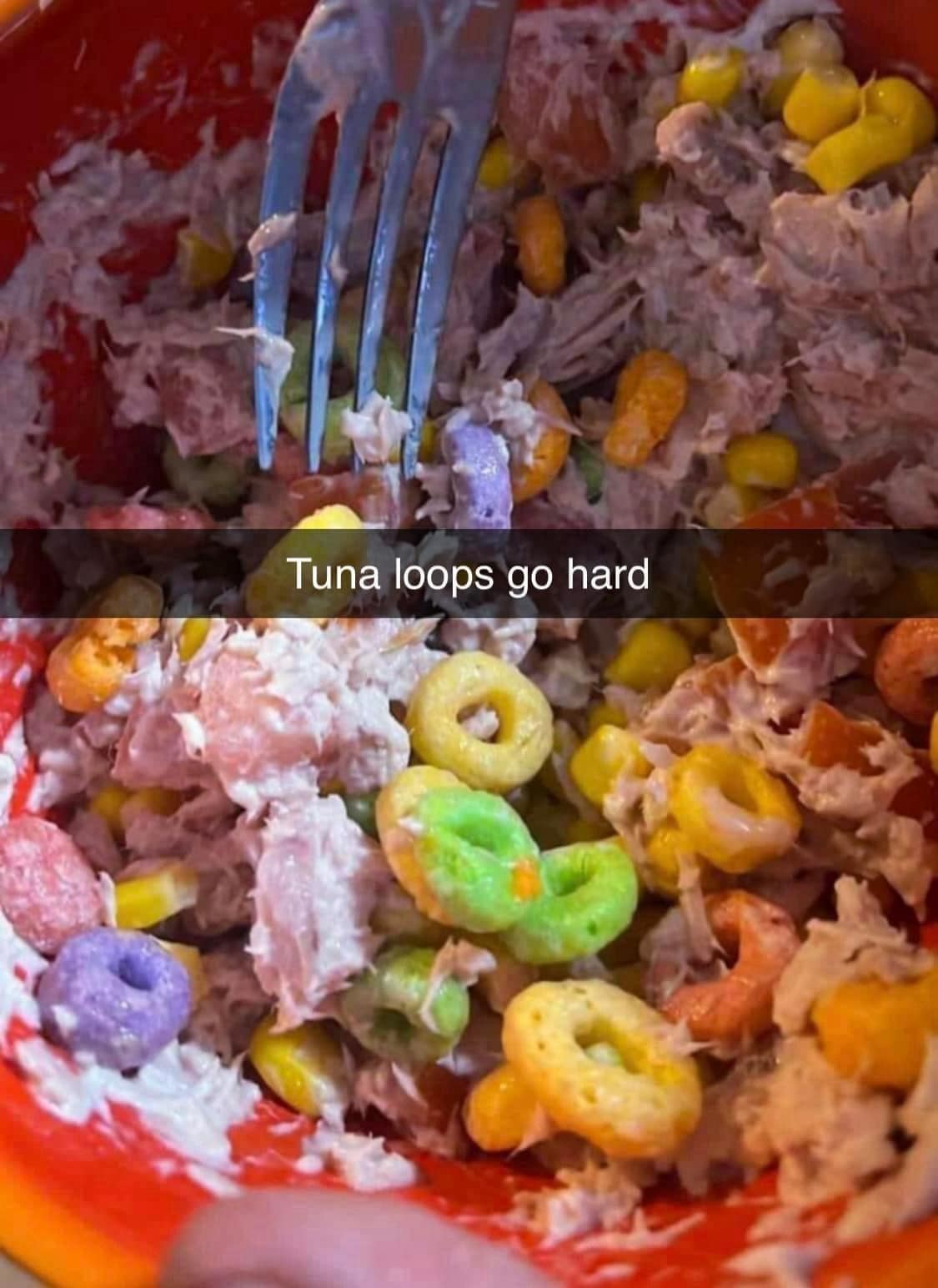 A cursed food meme of a disgusting-looking concoction of tuna salad mixed with Froot Loops breakfast cereal.