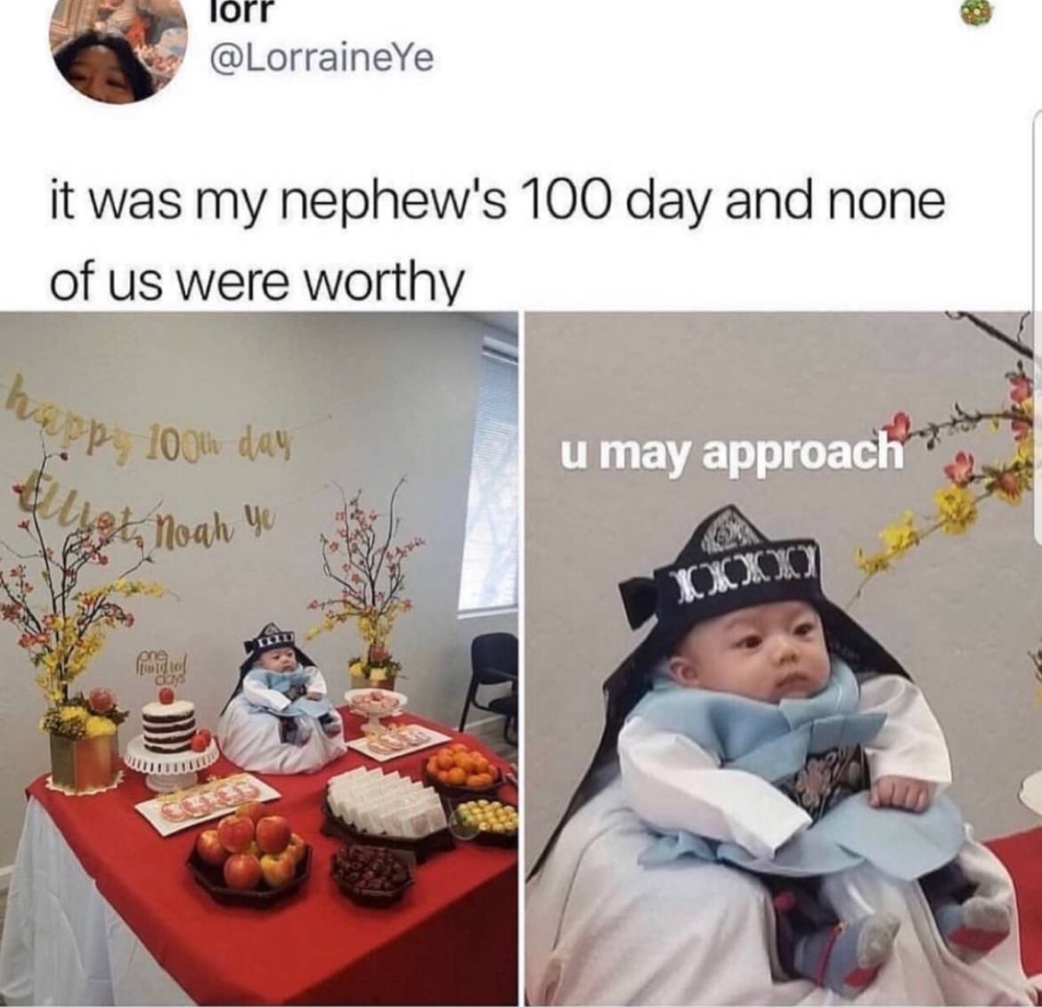 A cute and funny meme of a baby in a traditional Korean outfit for his 100-day celebration looking like an emperor.