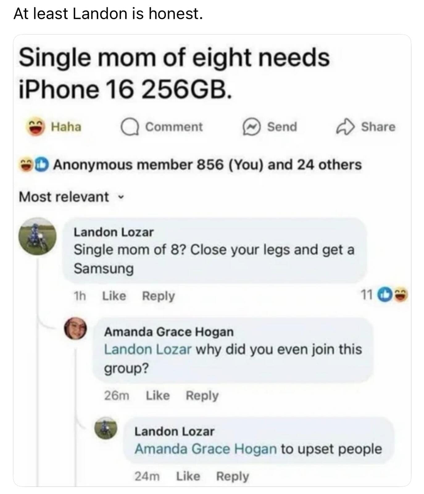 A savage Facebook interaction where a man named Landon trolls a woman and admits he's there to upset people.