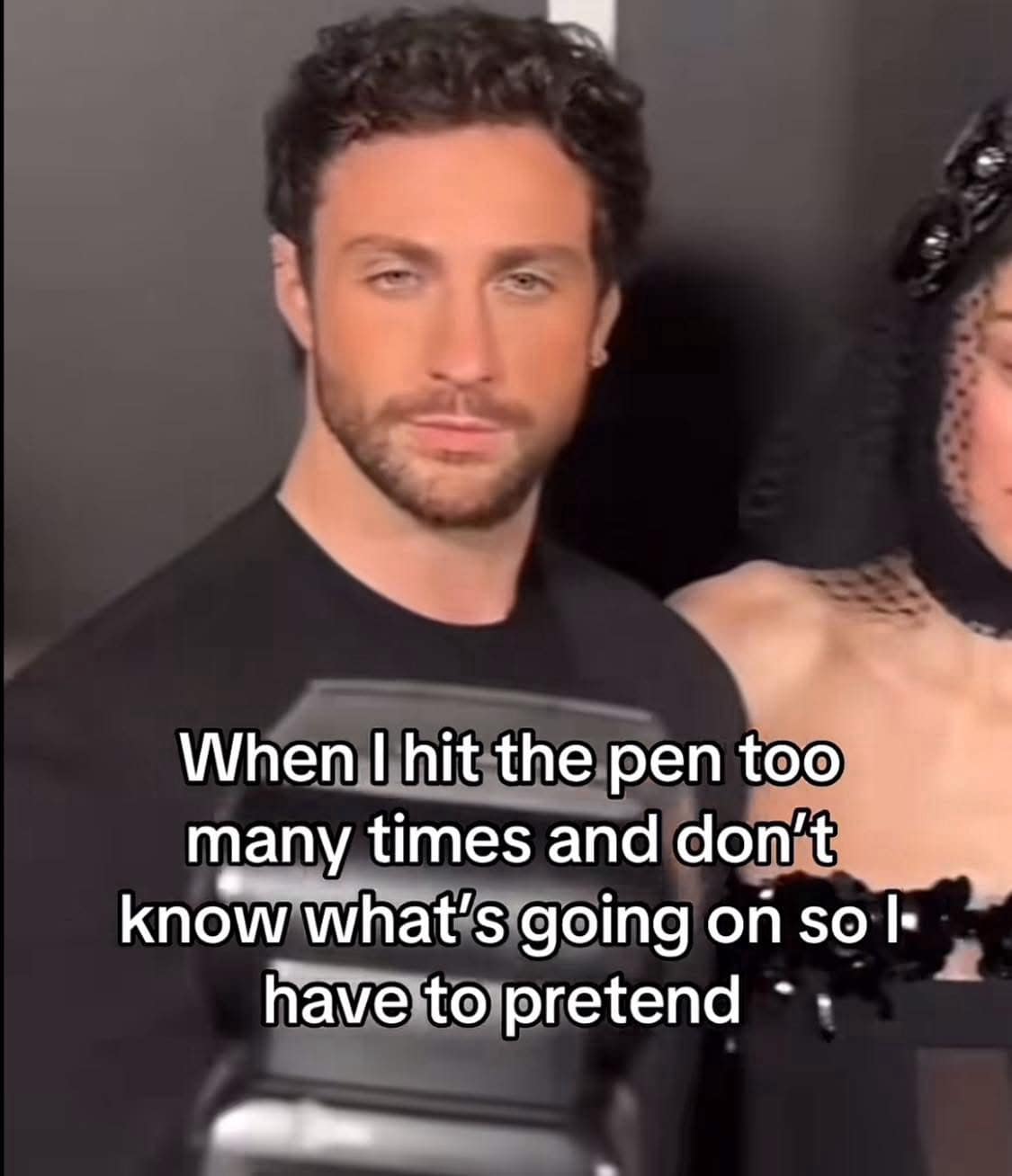 A popular and relatable meme of a dazed-looking actor Aaron Taylor-Johnson, representing the feeling of trying to act normal after hitting a vape pen too many times.